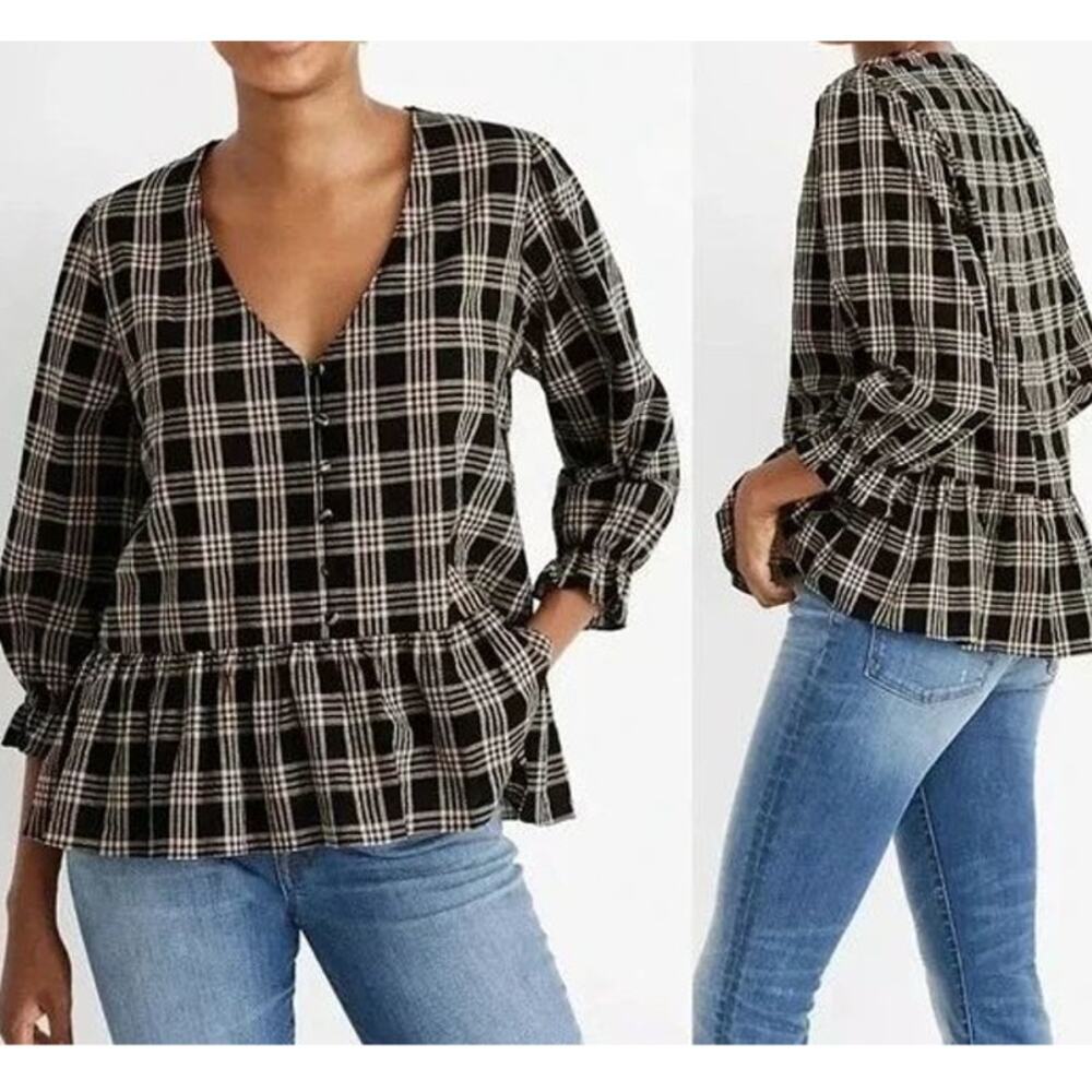 Madewell Courtyard Cotton Flowing Peplum Ruffle-Hem Blouse in Metallic Plaid